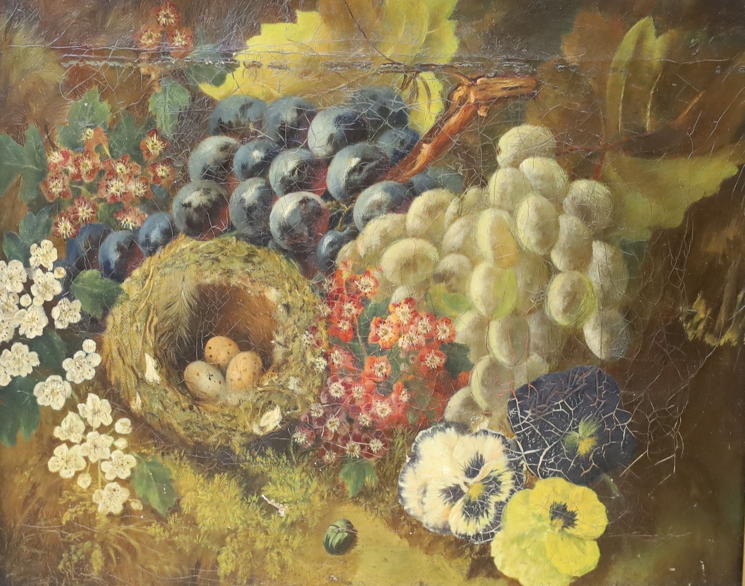 Circle of Oliver Clare (1853-1927), oil on canvas, Still life of flowers, fruit and a birds nest, 25 x 30cm